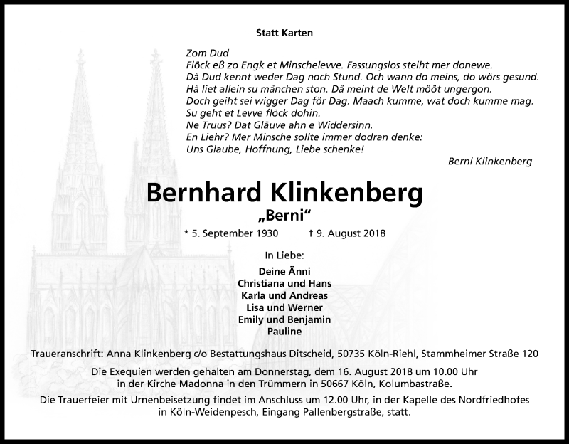  Traueranzeige für Bernhard Klinkenberg vom 14.08.2018 aus Kölner Stadt-Anzeiger / Kölnische Rundschau / Express