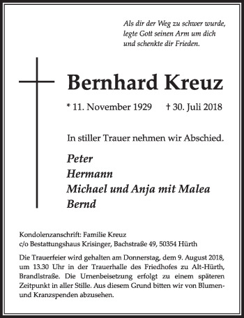 Anzeige von Bernhard Kreuz von  Sonntags-Post 