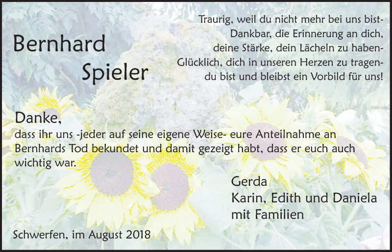 Traueranzeige für Bernhard Spieler vom 18.08.2018 aus  Blickpunkt Euskirchen 