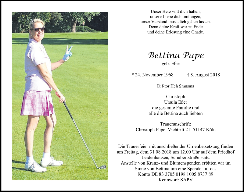  Traueranzeige für Bettina Pape vom 22.08.2018 aus  Kölner Wochenspiegel 