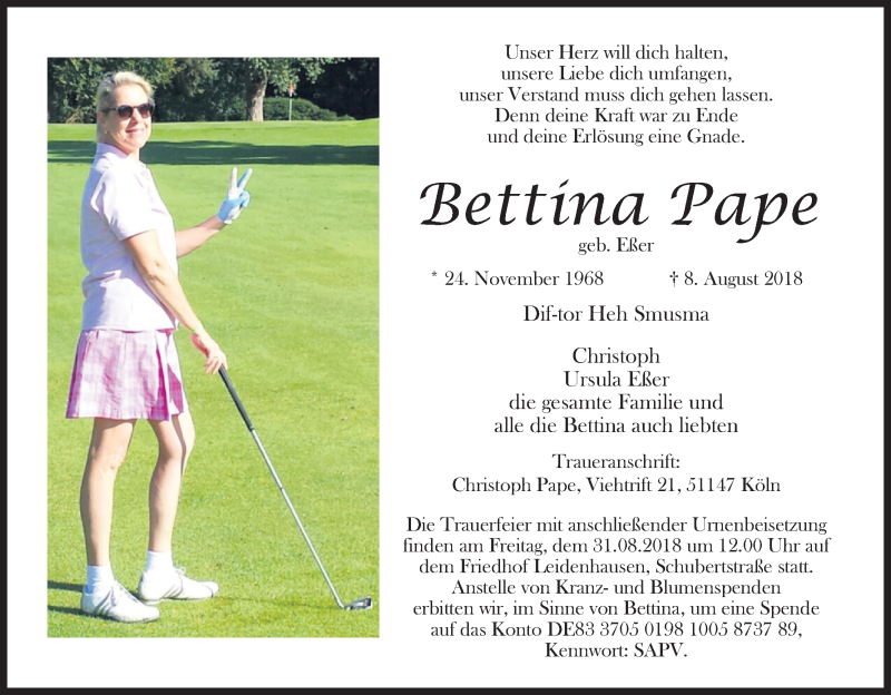  Traueranzeige für Bettina Pape vom 29.08.2018 aus Kölner Stadt-Anzeiger / Kölnische Rundschau / Express