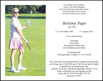 Anzeige von Bettina Pape von  Kölner Wochenspiegel 