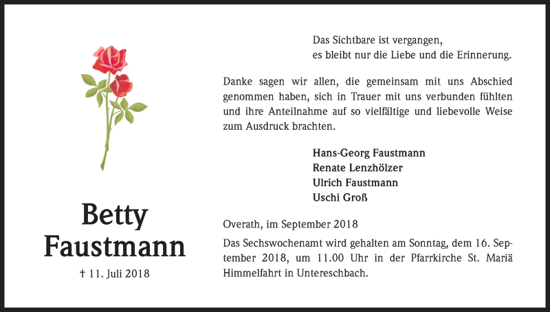  Traueranzeige für Betty Faustmann vom 01.09.2018 aus Kölner Stadt-Anzeiger / Kölnische Rundschau / Express