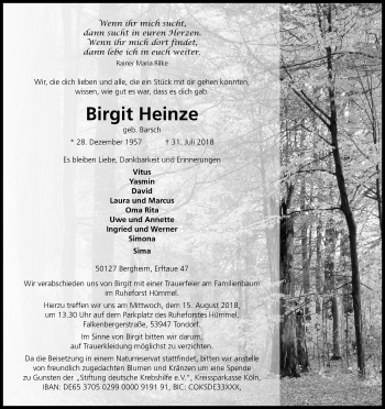 Anzeige von Birgit Heinze von Kölner Stadt-Anzeiger / Kölnische Rundschau / Express