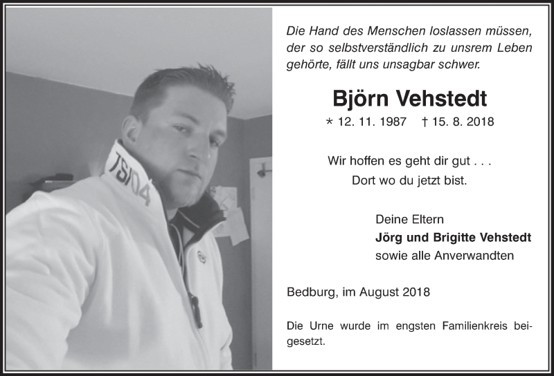  Traueranzeige für Björn Vehstedt vom 29.08.2018 aus  Werbepost 