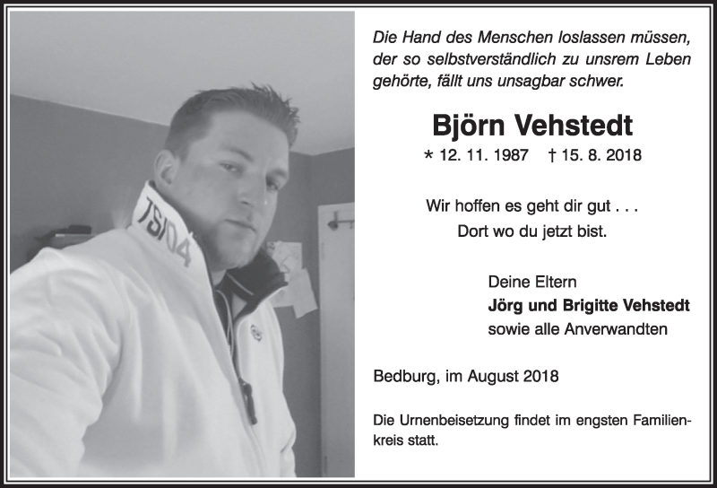  Traueranzeige für Björn Vehstedt vom 25.08.2018 aus  Sonntags-Post 