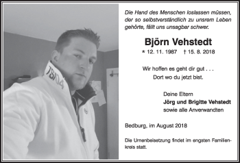 Anzeige von Björn Vehstedt von  Sonntags-Post 
