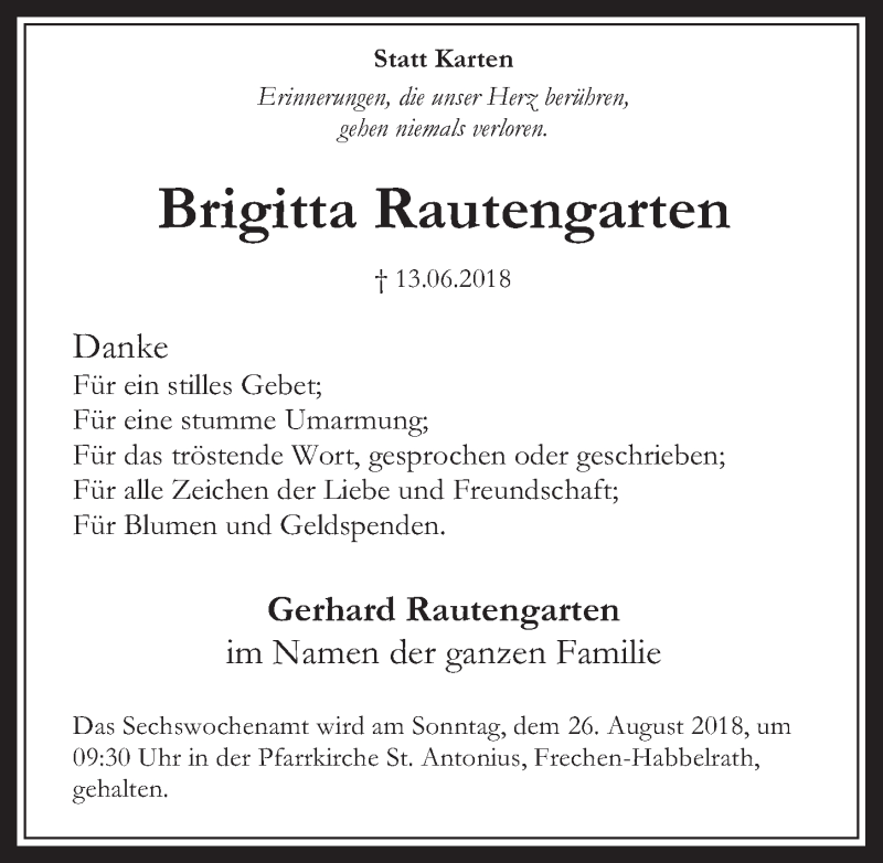  Traueranzeige für Brigitta Rautengarten vom 15.08.2018 aus  Wochenende 