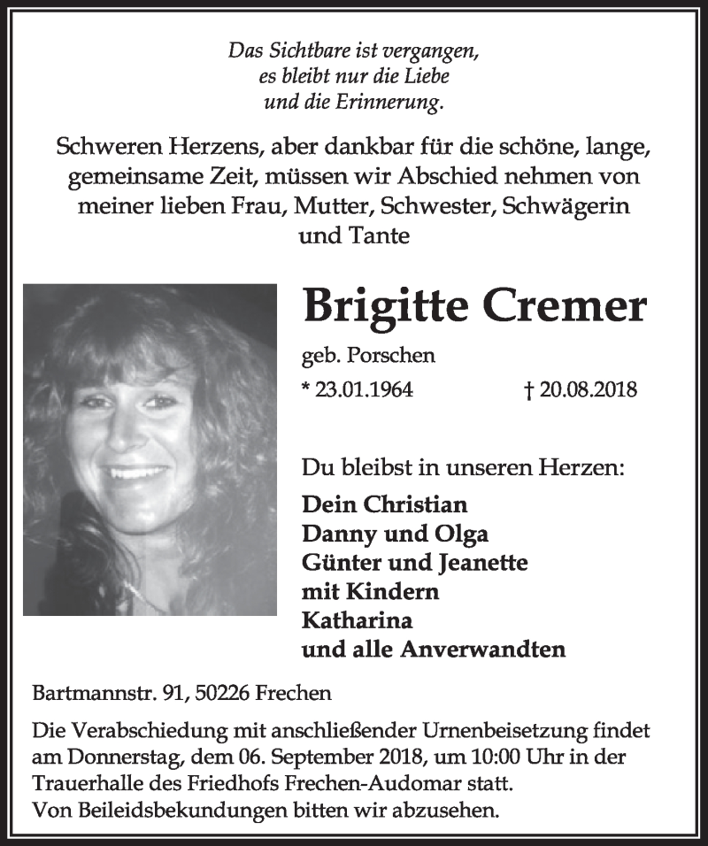  Traueranzeige für Brigitte Cremer vom 01.09.2018 aus  Sonntags-Post 