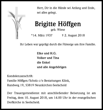 Anzeige von Brigitte Höffgen von Kölner Stadt-Anzeiger / Kölnische Rundschau / Express