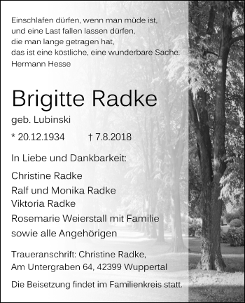 Anzeige von Brigitte Radke von Kölner Stadt-Anzeiger / Kölnische Rundschau / Express
