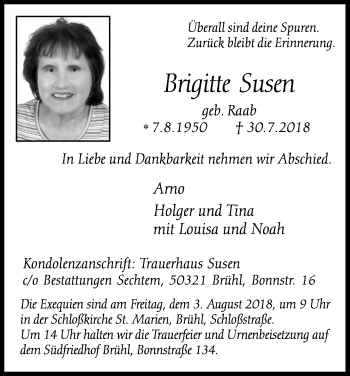 Anzeige von Brigitte Susen von Kölner Stadt-Anzeiger / Kölnische Rundschau / Express