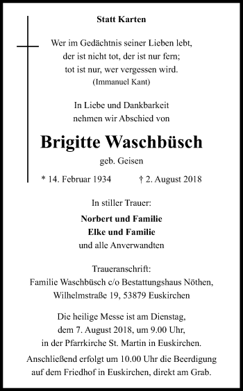 Anzeige von Brigitte Waschbüsch von Kölner Stadt-Anzeiger / Kölnische Rundschau / Express