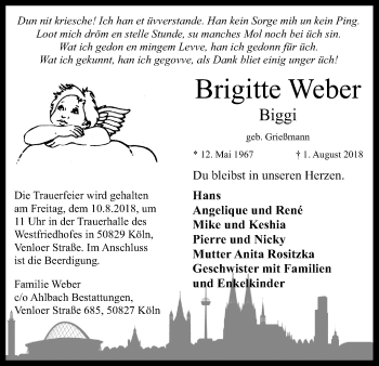 Anzeige von Brigitte Weber von Kölner Stadt-Anzeiger / Kölnische Rundschau / Express