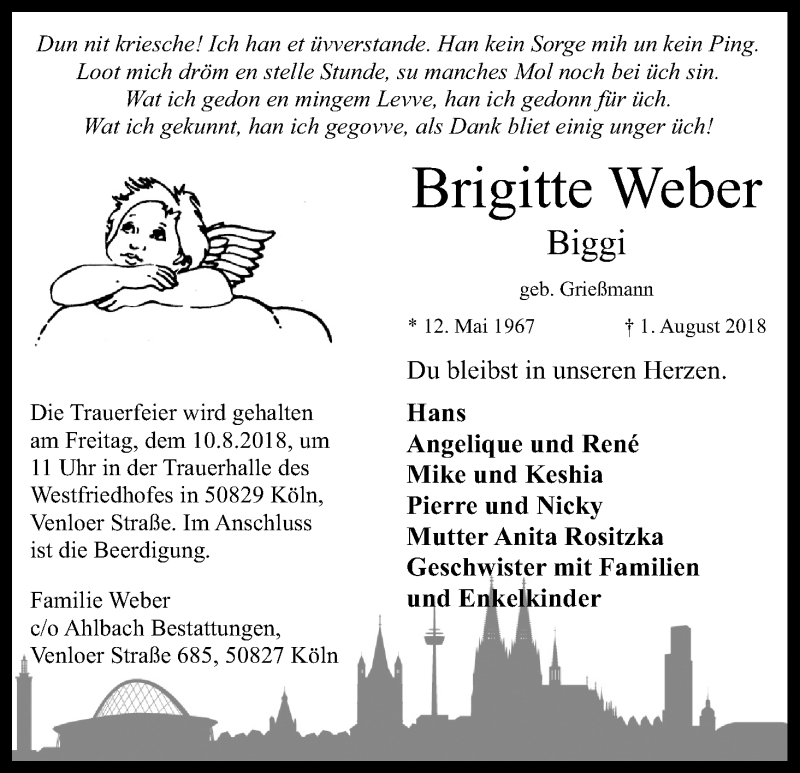  Traueranzeige für Brigitte Weber vom 04.08.2018 aus Kölner Stadt-Anzeiger / Kölnische Rundschau / Express