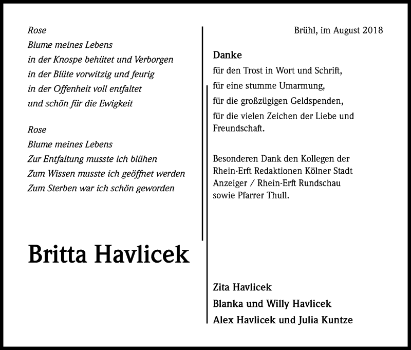  Traueranzeige für Britta Havlicek vom 01.09.2018 aus Kölner Stadt-Anzeiger / Kölnische Rundschau / Express