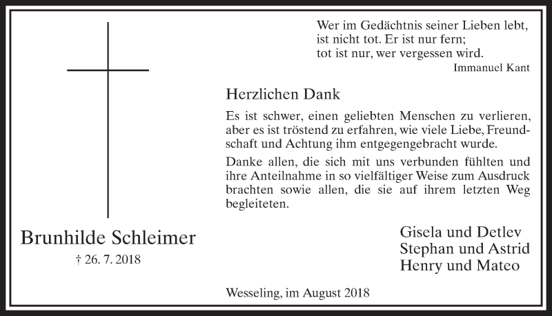  Traueranzeige für Brunhilde Schleimer vom 29.08.2018 aus  Schlossbote/Werbekurier 