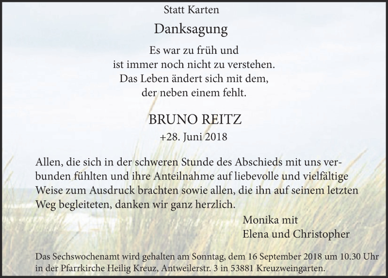  Traueranzeige für Bruno Reitz vom 01.09.2018 aus  Blickpunkt Euskirchen 