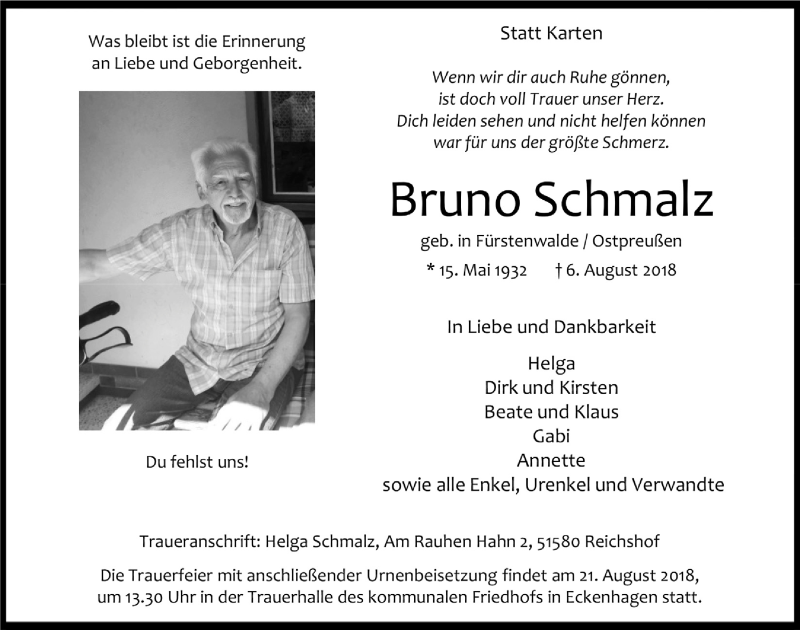  Traueranzeige für Bruno Schmalz vom 15.08.2018 aus  Anzeigen Echo 