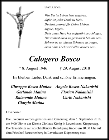 Anzeige von Calogero Bosco von Kölner Stadt-Anzeiger / Kölnische Rundschau / Express