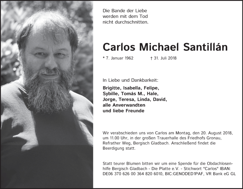  Traueranzeige für Carlos Michael Santillán vom 15.08.2018 aus Kölner Stadt-Anzeiger / Kölnische Rundschau / Express