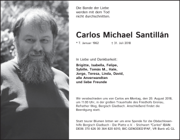 Anzeige von Carlos Michael Santillán von Kölner Stadt-Anzeiger / Kölnische Rundschau / Express