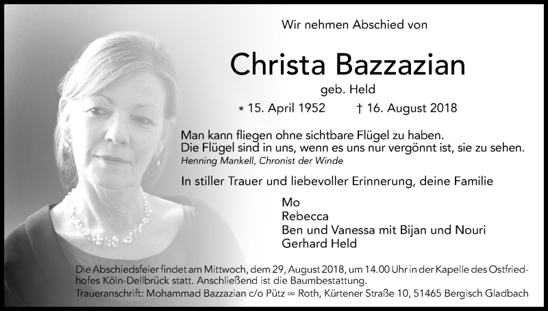 Traueranzeige für Christa Bazzazian vom 25.08.2018 aus Kölner Stadt-Anzeiger / Kölnische Rundschau / Express