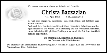 Anzeige von Christa Bazzazian von Kölner Stadt-Anzeiger / Kölnische Rundschau / Express