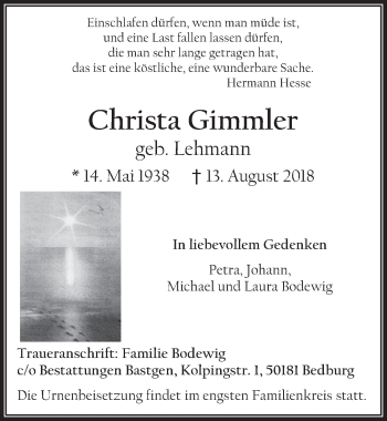 Anzeige von Christa Gimmler von  Werbepost 