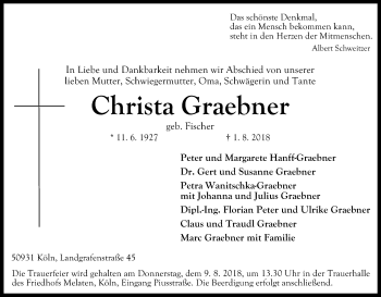 Anzeige von Christa Graebner von Kölner Stadt-Anzeiger / Kölnische Rundschau / Express