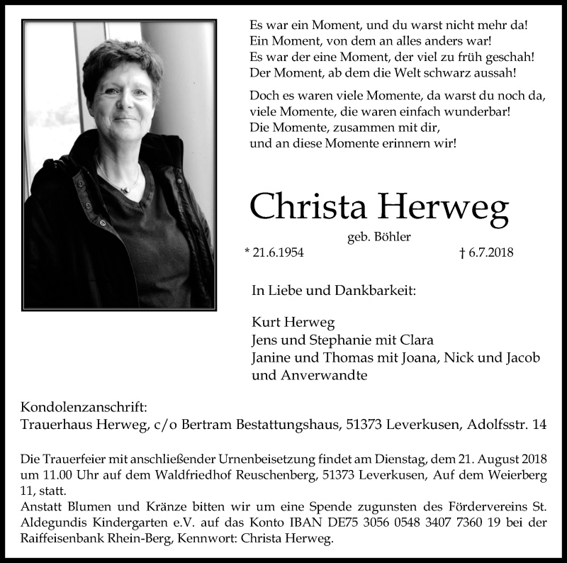  Traueranzeige für Christa Herweg vom 11.08.2018 aus Kölner Stadt-Anzeiger / Kölnische Rundschau / Express