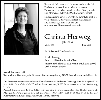 Anzeige von Christa Herweg von Kölner Stadt-Anzeiger / Kölnische Rundschau / Express