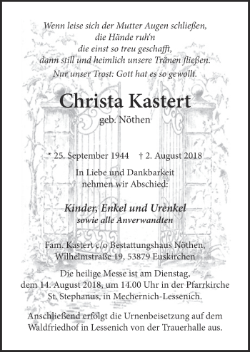 Anzeige von Christa Kastert von  Blickpunkt Euskirchen 