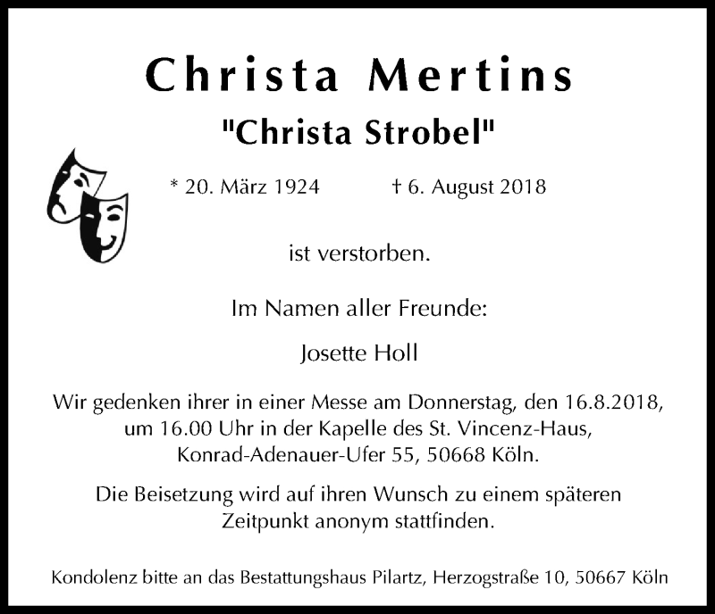  Traueranzeige für Christa Mertins vom 11.08.2018 aus Kölner Stadt-Anzeiger / Kölnische Rundschau / Express