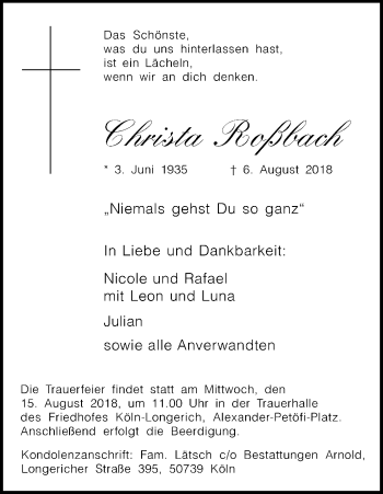 Anzeige von Christa Roßbach von Kölner Stadt-Anzeiger / Kölnische Rundschau / Express