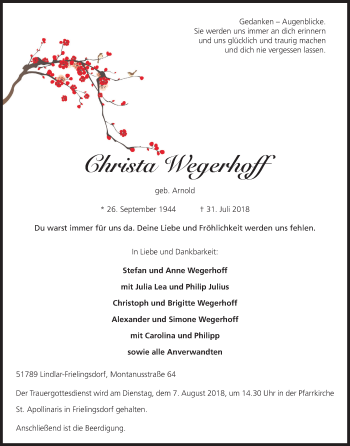 Anzeige von Christa Wegerhoff von Kölner Stadt-Anzeiger / Kölnische Rundschau / Express