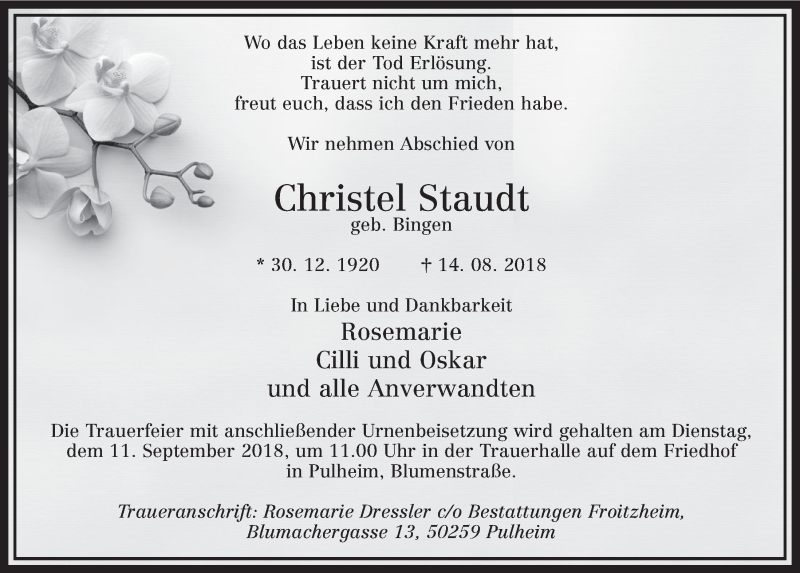  Traueranzeige für Christel Staudt vom 25.08.2018 aus  Sonntags-Post 