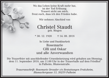 Anzeige von Christel Staudt von  Sonntags-Post 