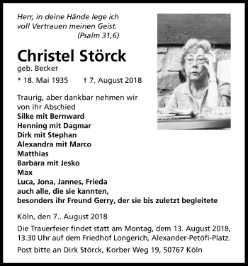 Anzeige von Christel Störck von Kölner Stadt-Anzeiger / Kölnische Rundschau / Express