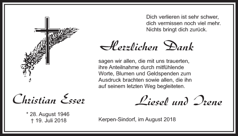  Traueranzeige für Christian Esser vom 25.08.2018 aus  Sonntags-Post 