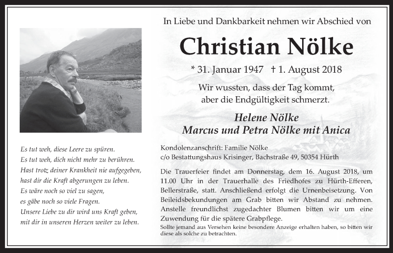  Traueranzeige für Christian Nölke vom 08.08.2018 aus  Wochenende 