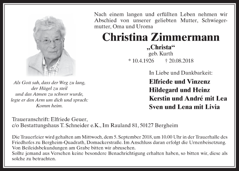 Traueranzeige für Christina Zimmermann vom 29.08.2018 aus  Werbepost 