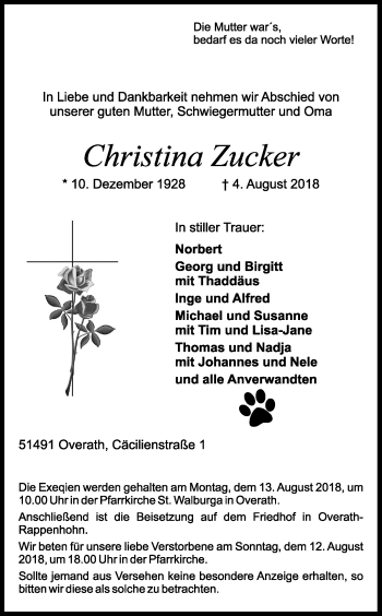 Anzeige von Christina Zucker von Kölner Stadt-Anzeiger / Kölnische Rundschau / Express