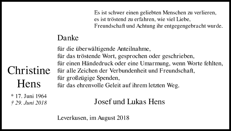 Traueranzeige für Christine Hens vom 04.08.2018 aus Kölner Stadt-Anzeiger / Kölnische Rundschau / Express