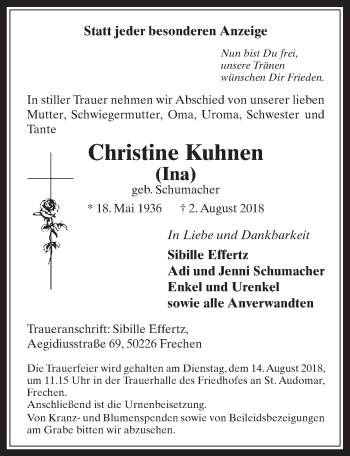 Anzeige von Christine Kuhnen von  Wochenende 