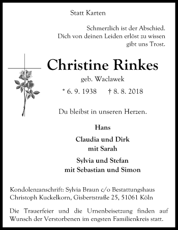 Anzeige von Christine Rinkes von Kölner Stadt-Anzeiger / Kölnische Rundschau / Express