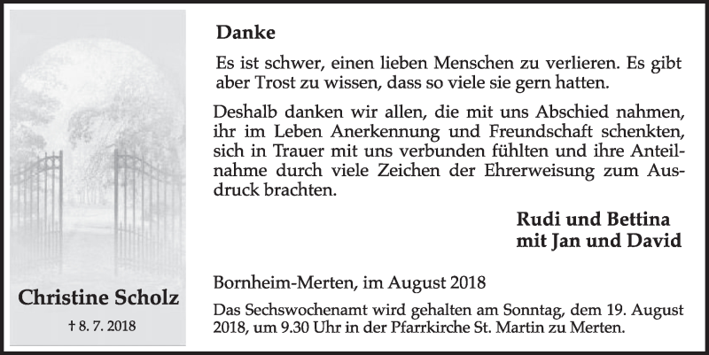  Traueranzeige für Christine Scholz vom 15.08.2018 aus  Schlossbote/Werbekurier 