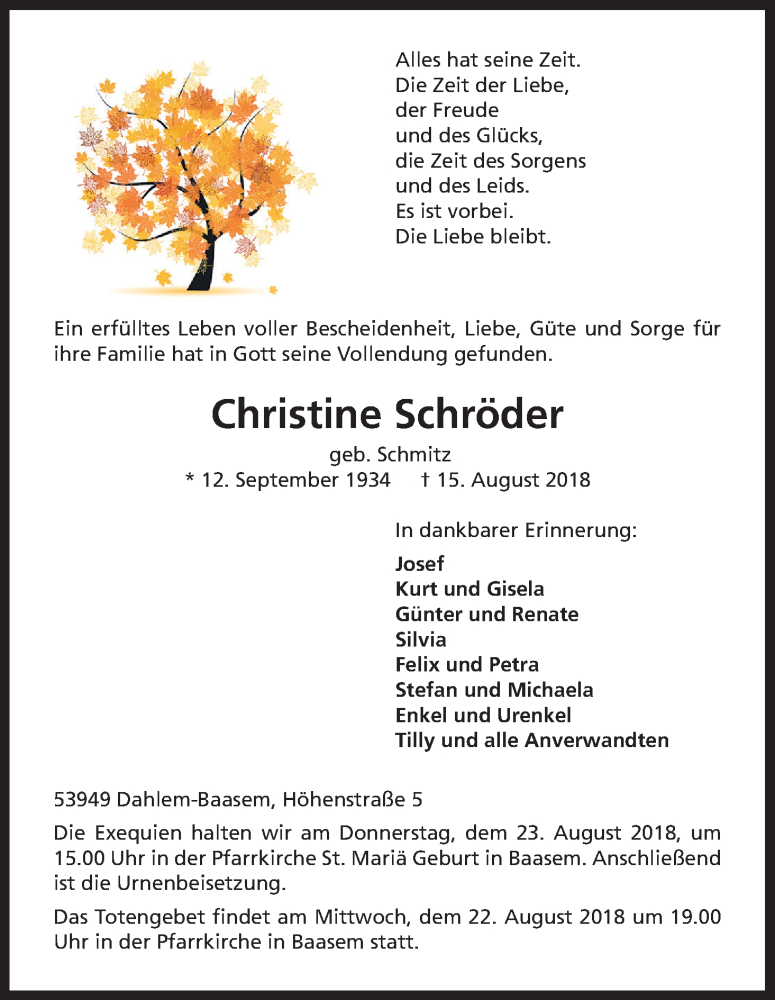  Traueranzeige für Christine Schröder vom 18.08.2018 aus Kölner Stadt-Anzeiger / Kölnische Rundschau / Express