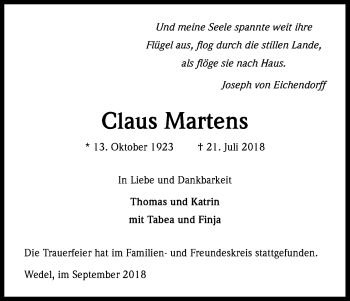 Anzeige von Claus Martens von Kölner Stadt-Anzeiger / Kölnische Rundschau / Express