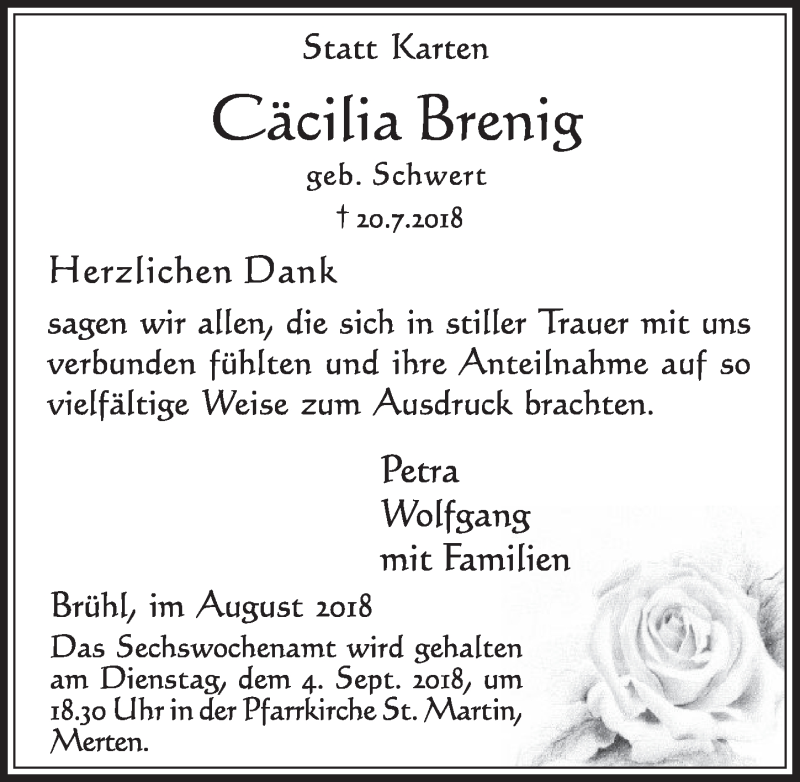  Traueranzeige für Cäcilia Brenig vom 29.08.2018 aus  Schlossbote/Werbekurier 